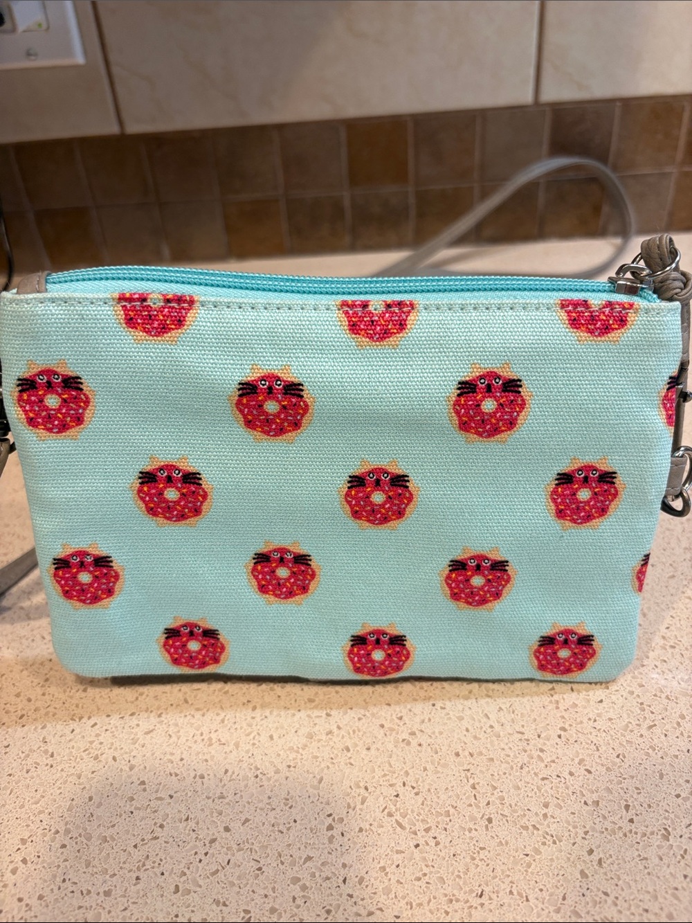 Mint Green Canvas Clutch/Crossbody W/ Kitty Donut Print & Donut socks Both New! - Picture 6 of 10